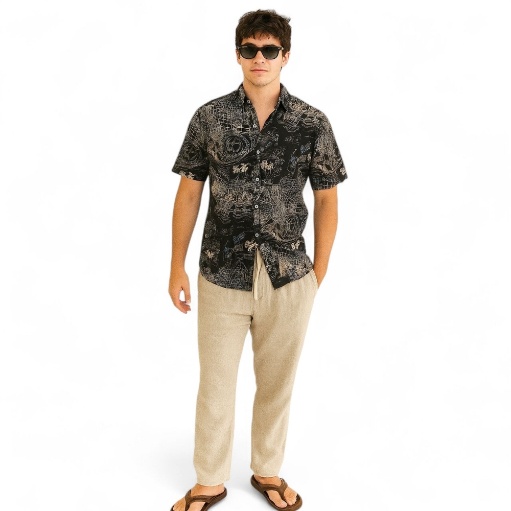 Tori Richard Designer Hawaiian Beach Preppy Resort Festival Black Shirt - Men's